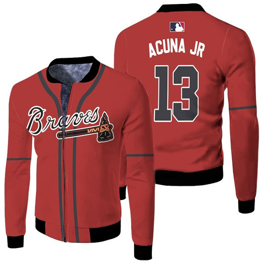 Atlanta Braves Ronald Acuna Jr 13 Mlb Majestic 2019 Alternate Scarlet Jersey Style Gift For Braves Fans Fleece Bomber Jacket