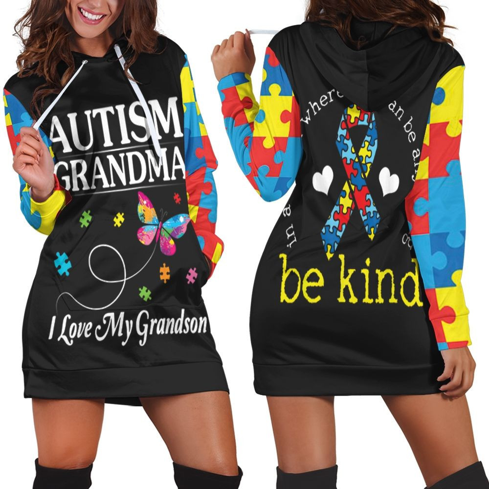 Autism Grandma I Love My Grandson Colorful Butterfly Hoodie Dress Sweater Dress Sweatshirt Dress