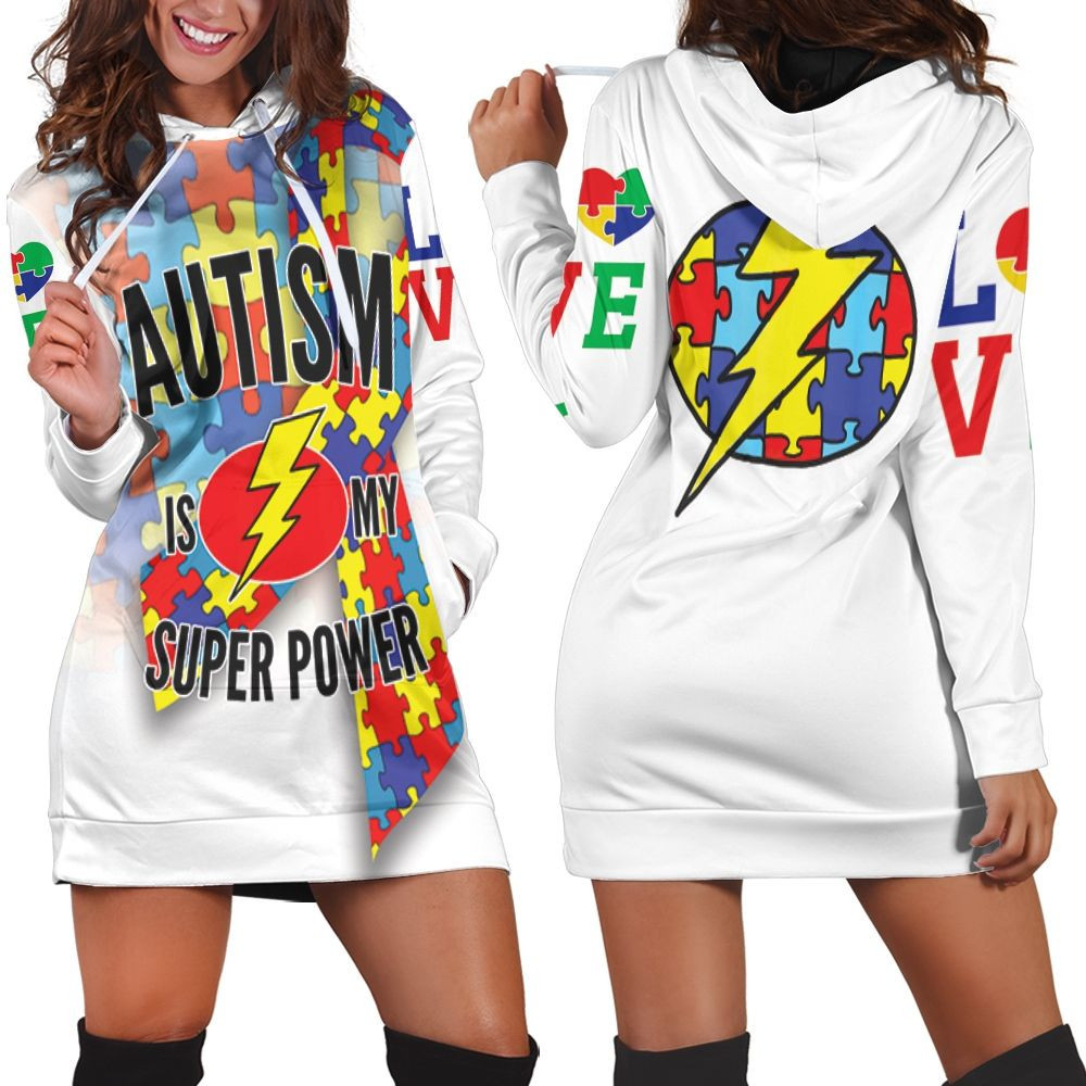 Autism Is My Super Power Autism Support Hoodie Dress Sweater Dress Sweatshirt Dress
