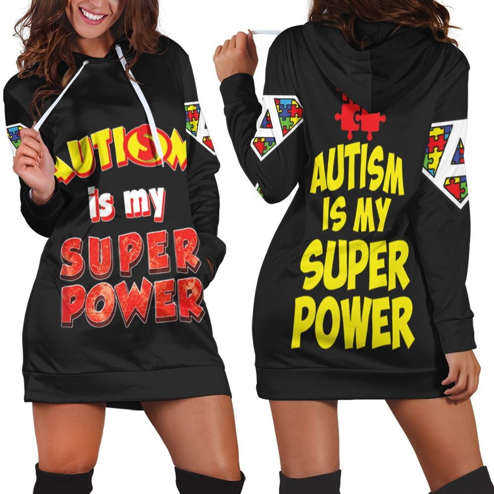 Autism Is My Super Power Puzzle Pieces Aspergers Day Humor Premium Hoodie Dress Sweater Dress Sweatshirt Dress