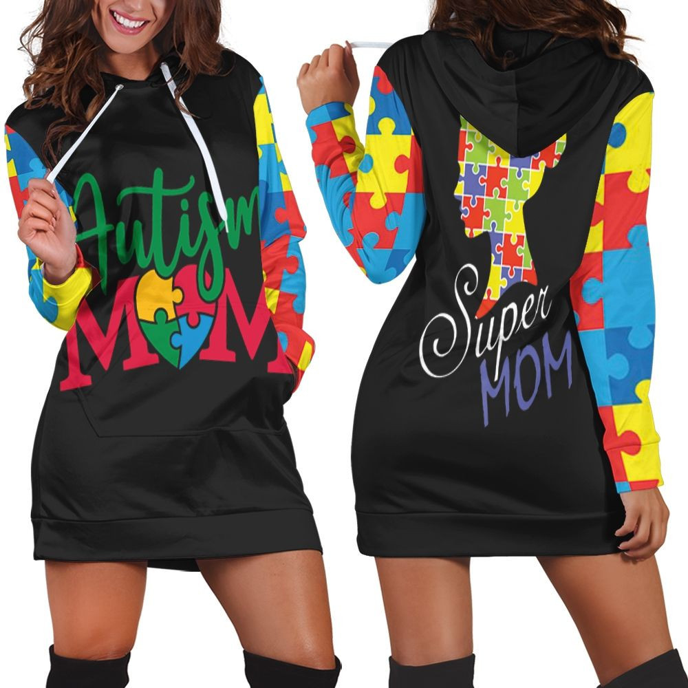 Autism Mom Super Mom Hoodie Dress Sweater Dress Sweatshirt Dress