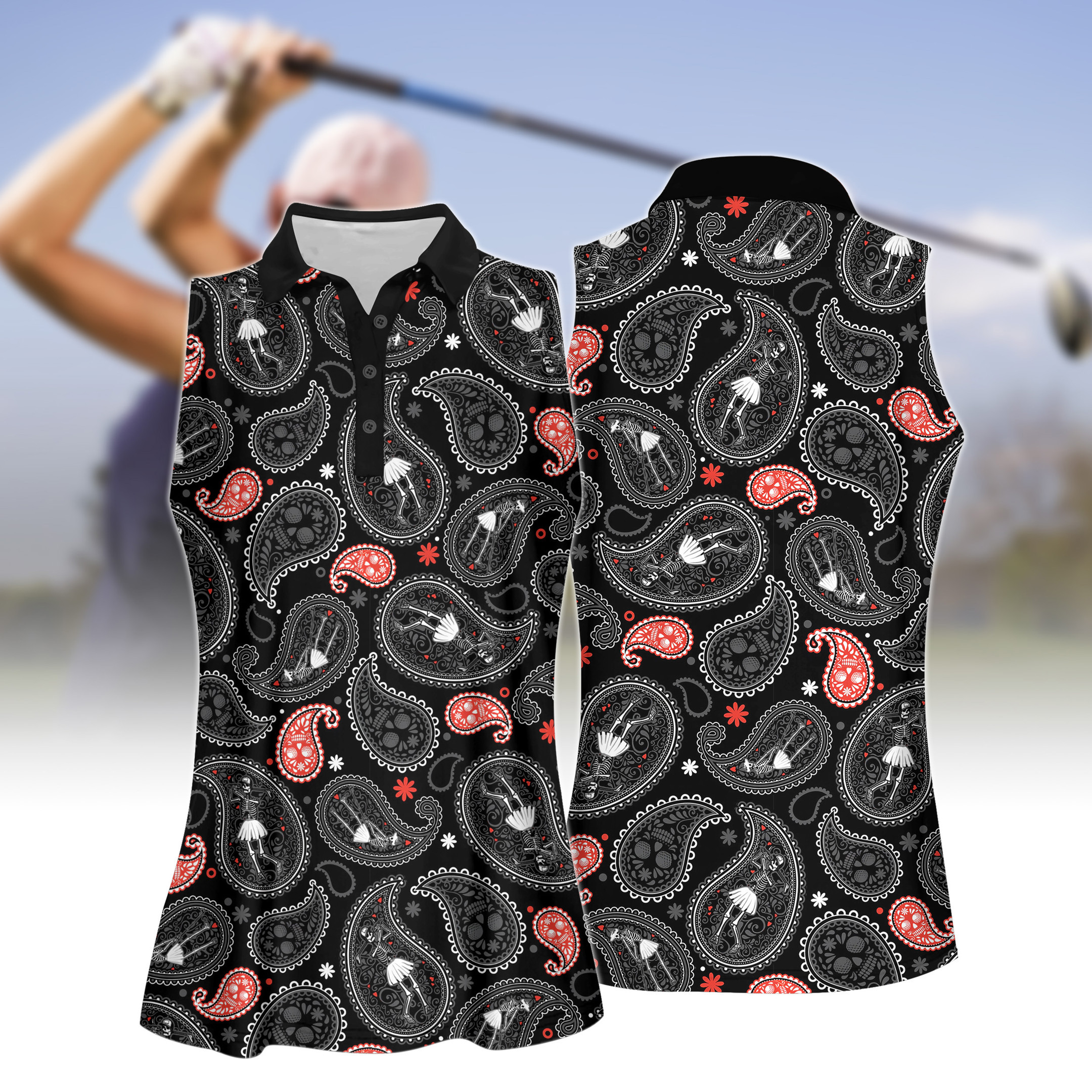 BLACK PAISLEY Skeleton Playing Golf Pattern WOMEN SHORT SLEEVE POLO SHIRT SLEEVELESS POLO SHIRT