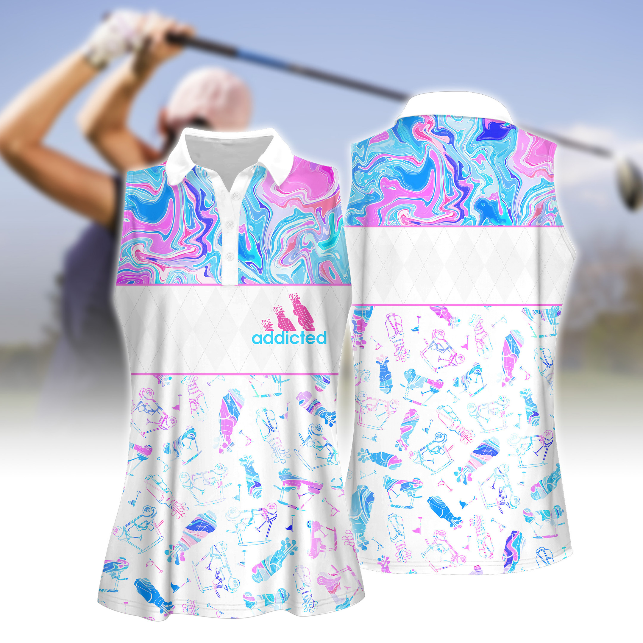 BLUE AND PINK MARBLE SEAMLESS GOLF PATTERN WOMEN SHORT SLEEVE POLO SHIRT SLEEVELESS POLO SHIRT