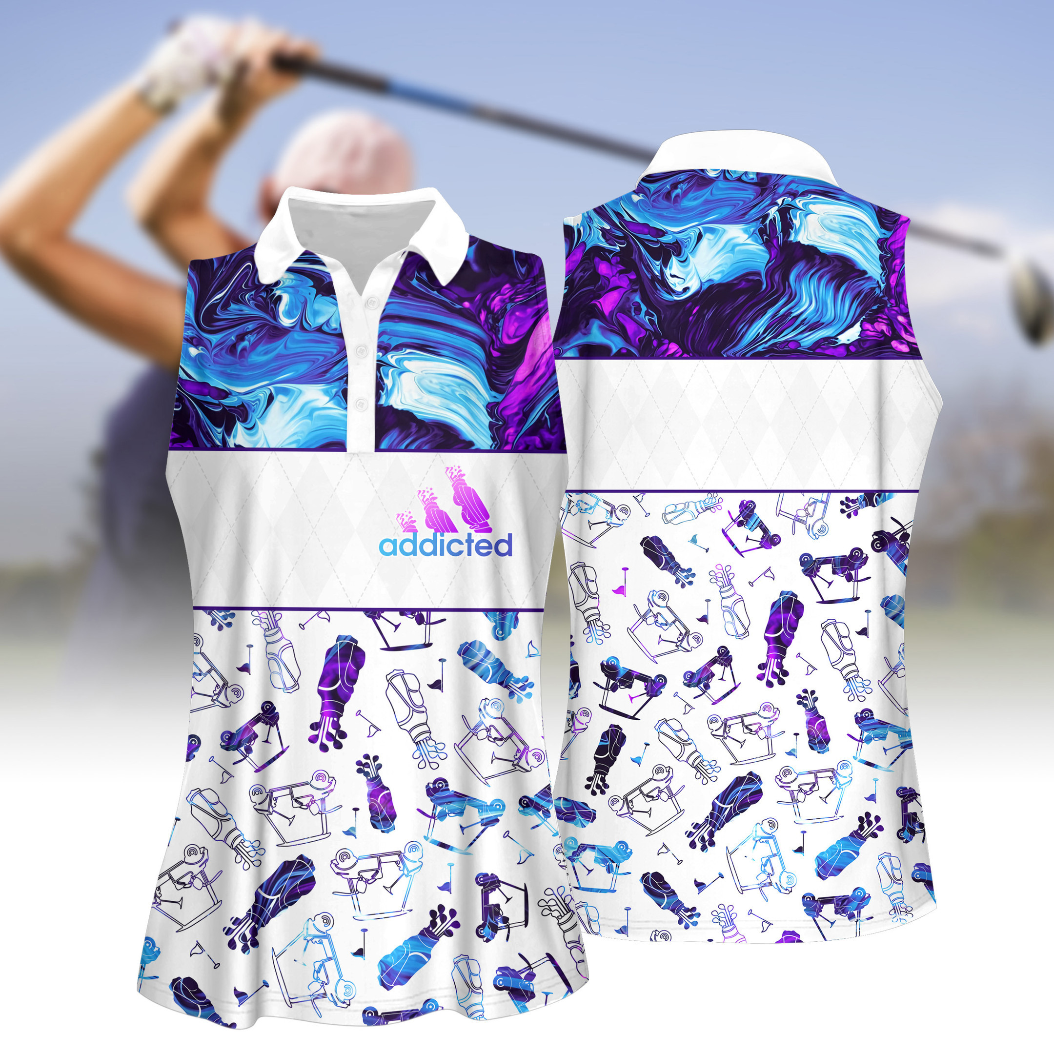 BLUE AND PURPLE MARBLE SEAMLESS GOLF PATTERN WOMEN SHORT SLEEVE POLO SHIRT SLEEVELESS POLO SHIRT