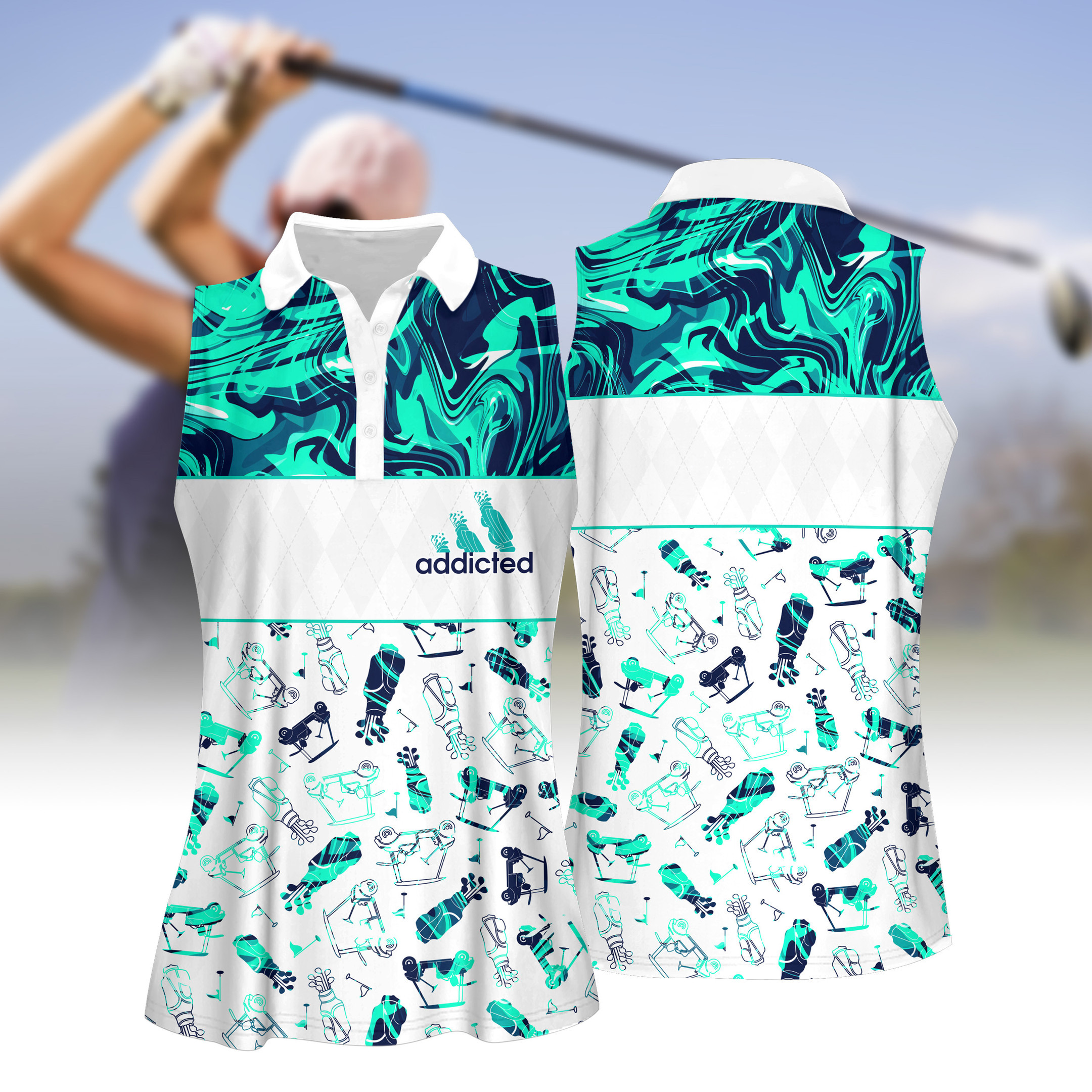 BLUE NEON SEAMLESS GOLF PATTERN WOMEN SHORT SLEEVE POLO SHIRT SLEEVELESS POLO SHIRT