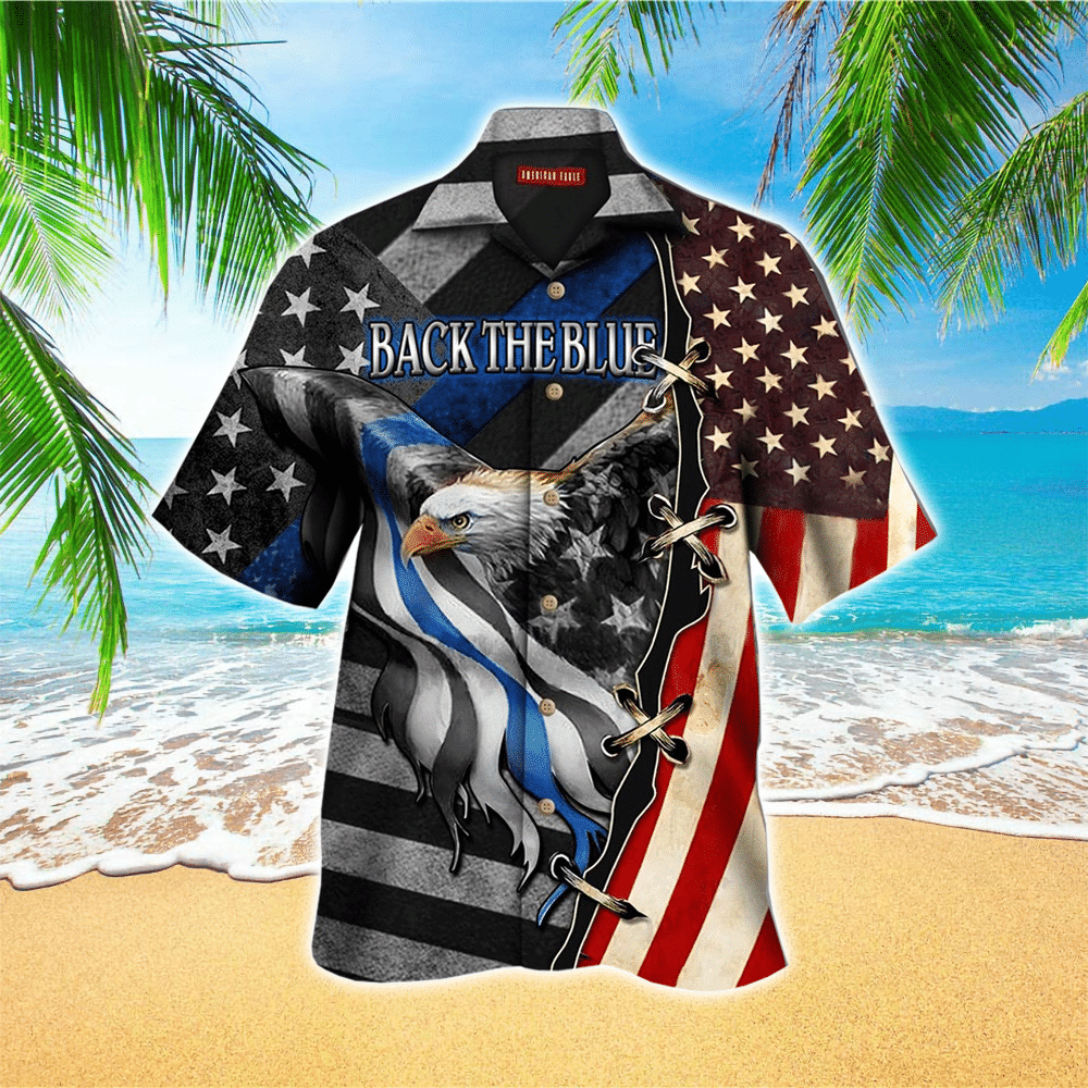 Back The Blue US Police Hawaiian Shirt With American Eagle Summer Aloha Shirt