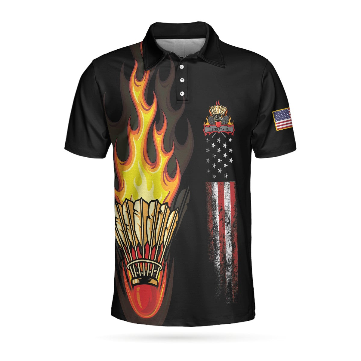 Badminton Flame Short Sleeve Polo Shirt Black Theme American Flag Badminton Polo Shirt Best Badminton Shirt For Men