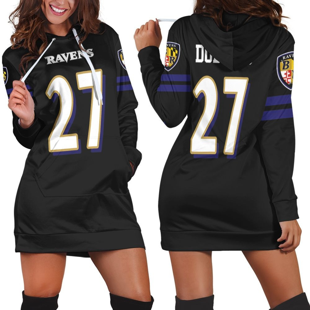 Baltimore Ravens J K Dobbins 27 Black Jersey Inspired Hoodie Dress Sweater Dress Sweatshirt Dress