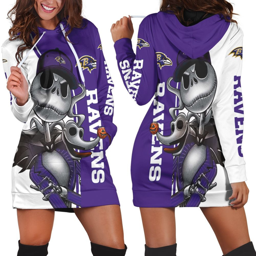Baltimore Ravens Jack Skellington And Zero Hoodie Dress Sweater Dress Sweatshirt Dress