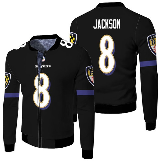 Baltimore Ravens Lamar Jackson 08 Nfl 2020 Black Match Jersey Style Gift For Ravens Fans Fleece Bomber Jacket