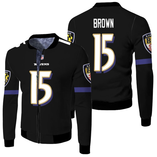 Baltimore Ravens Marquise Brown 15 Nfl 2020 Black Match Jersey Style Gift For Ravens Fans Fleece Bomber Jacket