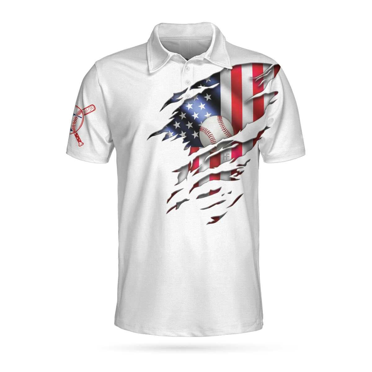 Baseball American Flag Polo Shirt White Baseball USA Flag Polo Shirt Patriotic Baseball Shirt For Men