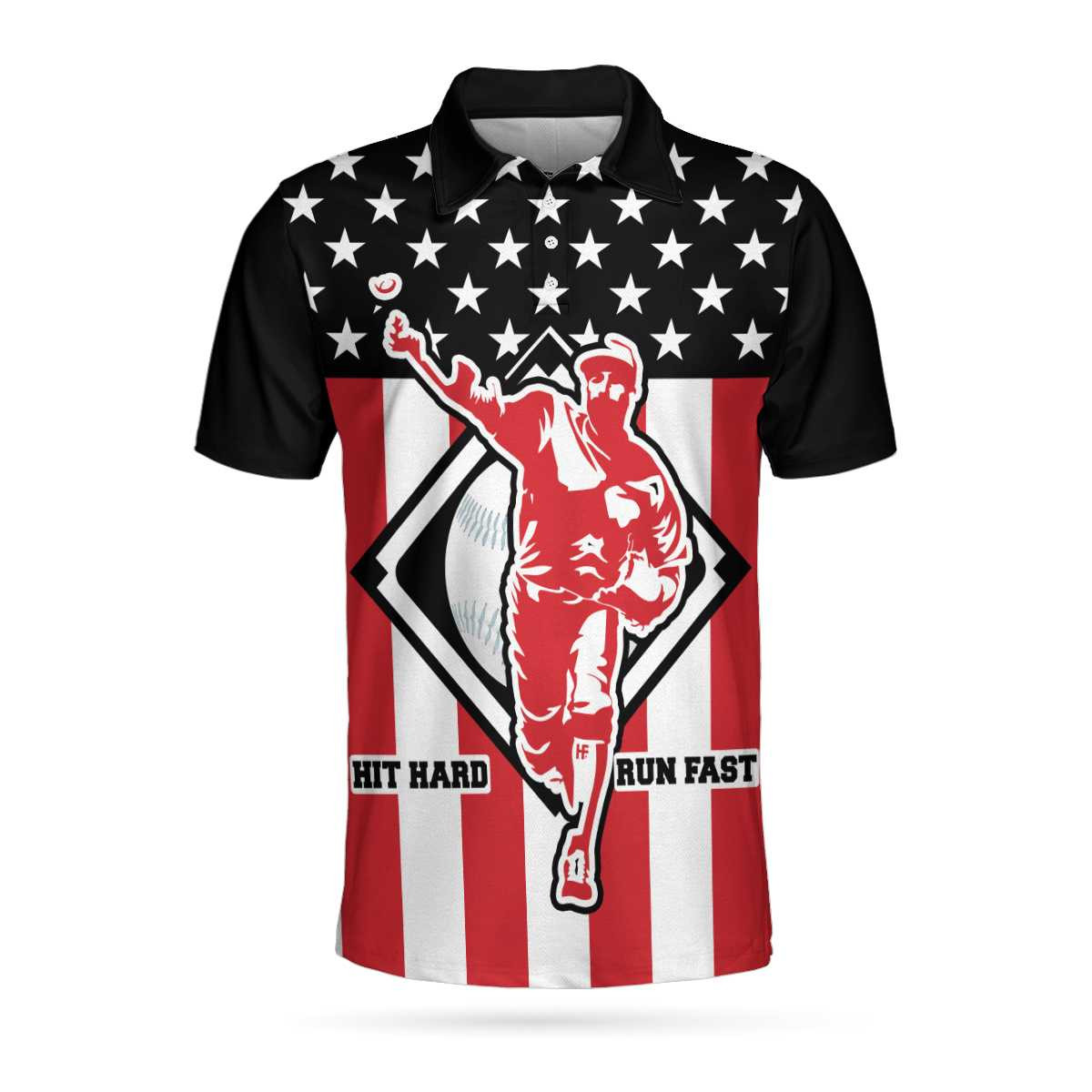 Baseball Hit Hard Run Fast Short Sleeve Polo Shirt Black Theme American Flag Polo Shirt Best Baseball Shirt For Men