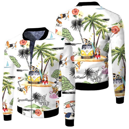 Basset Hound Hawaiian Hawaii Beach Retro Fleece Bomber Jacket