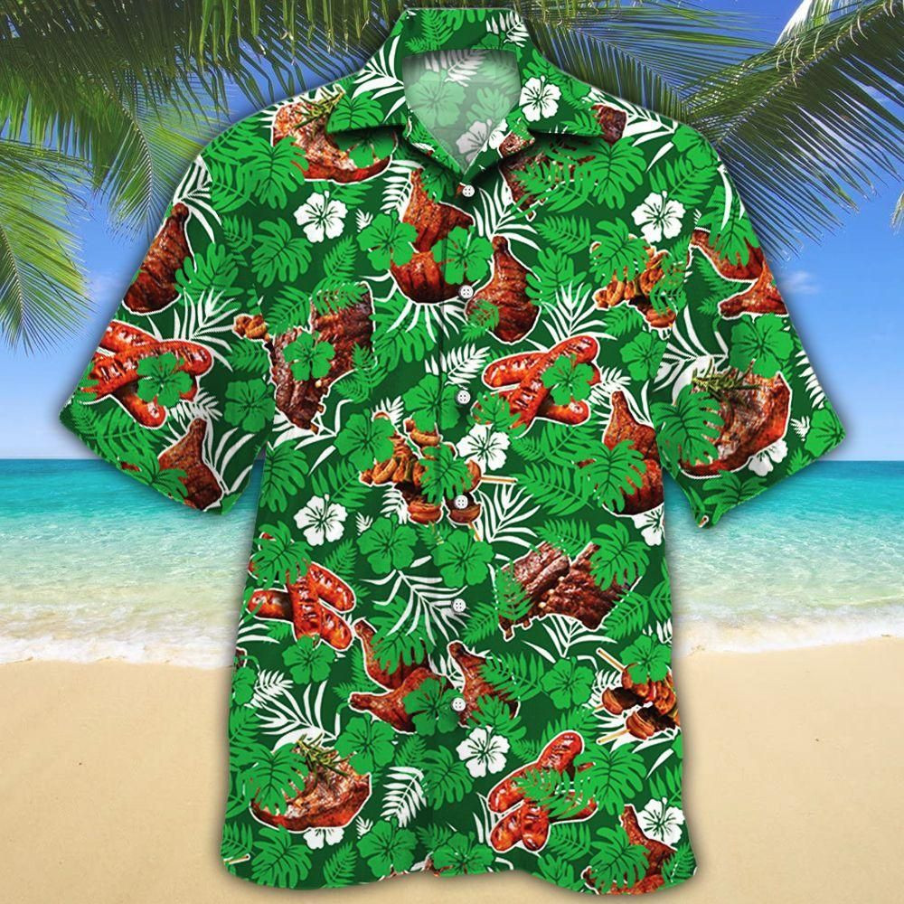 Bbq Lovers Green Floral Aloha Hawaiian Shirt Colorful Short Sleeve Summer Beach Casual Shirt For Men And Women