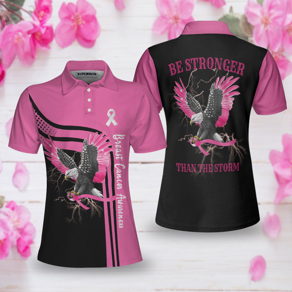 Be Stronger Than The Storm Breast Cancer Awareness Short Sleeve Women Polo Shirt Eagle Awareness Ribbon Polo Shirt For Ladies