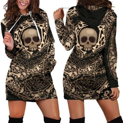 Beige Skulls  Bones Hoodie Dress Sweater Dress Sweatshirt Dress 3d All Over Print For Women Hoodie