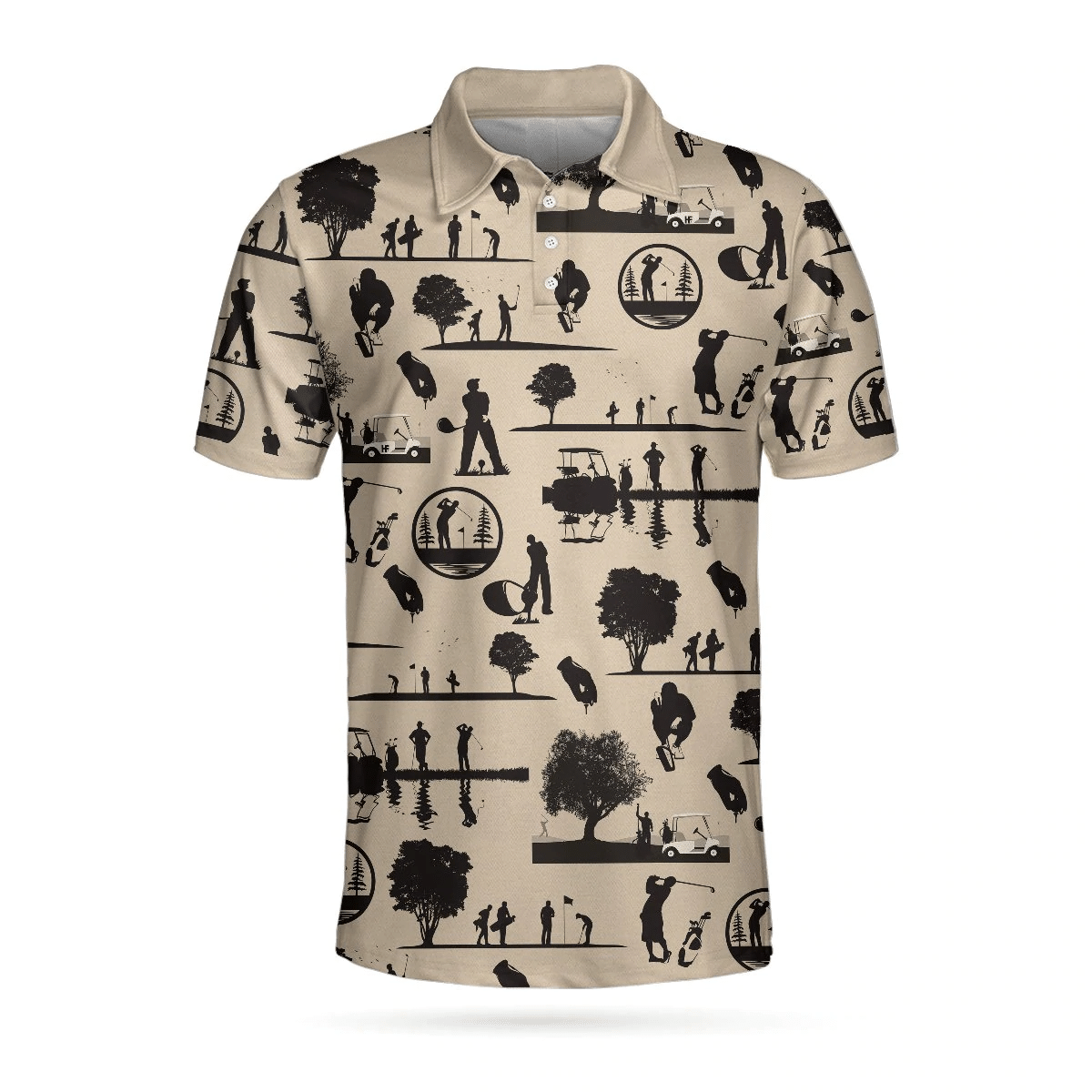 Beige Vintage Silhouette Golfers All Over Print Polo Shirt Cream Polo Shirt Best Golf Shirts Short Sleeve Polo For Men