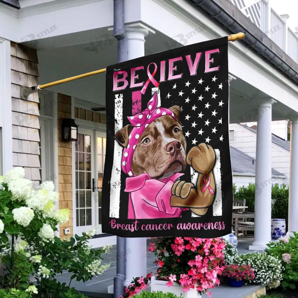 Believe Pitbull Breast Cancer Awareness Flag Garden Flag House Flag