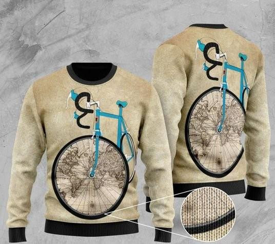 Bicycle And World Map Ugly Christmas Sweater Ugly Sweater For Men Women