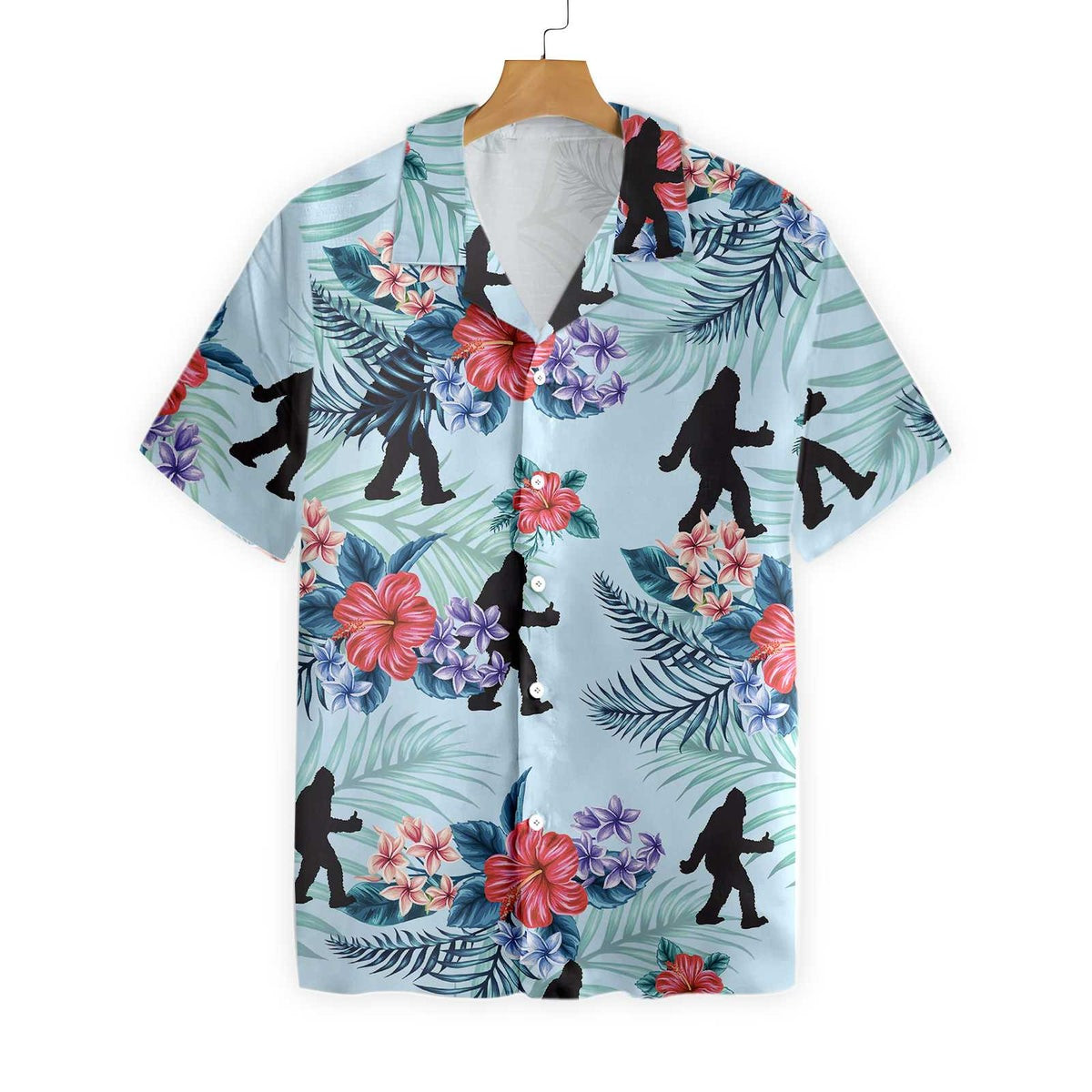 Bigfoot Bluebonnet Bigfoot Hawaiian Shirt Arctic Blue Texas Floral And Leaves Bigfoot Shirt For Men