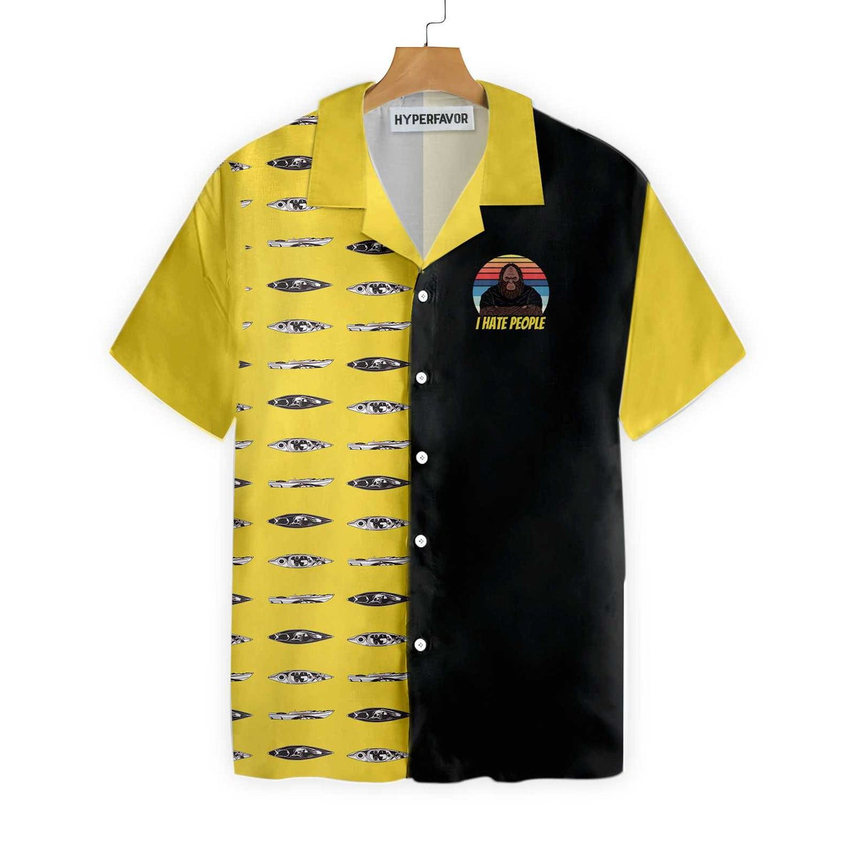 Bigfoot Darryl Love Kayak  Hate People Bigfoot Hawaiian Shirt Dawn Palette Black And Yellow Kayaking Bigfoot Shirt For Men
