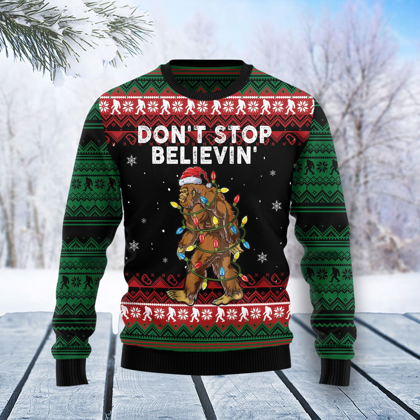 Bigfoot Dont Stop Believing Ugly Christmas Sweater