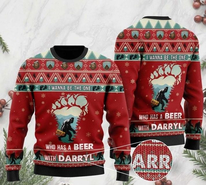 Bigfoot I Wanna Be The One Who Has A Beer With Darryl Ugly Christmas Sweater Ugly Sweater For Men Women