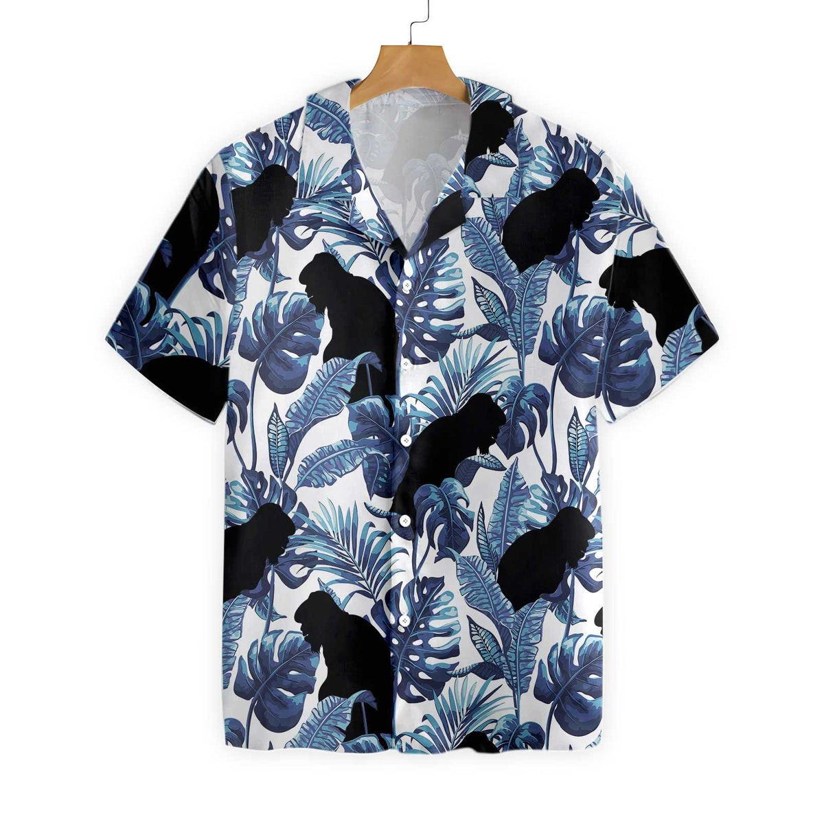 Bigfoot  The Blue Leaves Bigfoot Hawaiian Shirt White And Navy Blue Tropical Floral Bigfoot Shirt For Men