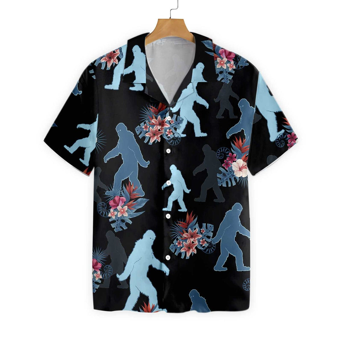 Bigfoot  The Tropical Leaves Bigfoot Hawaiian Shirt Black Tropical Floral Bigfoot Shirt For Men