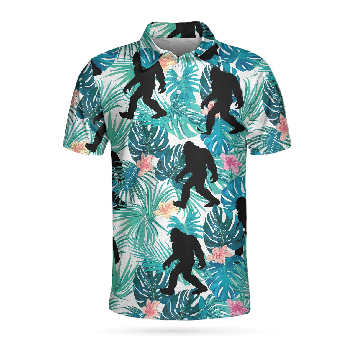 Bigfoot Tropical Short Sleeve Polo Shirt Floral And Leaves Polo Shirt Best Bigfoot Shirt For Men