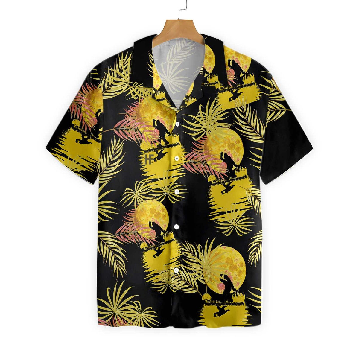 Bigfoot Tropical Yellow Moon Bigfoot Hawaiian Shirt Black And Yellow Moonlight Bigfoot Shirt For Men