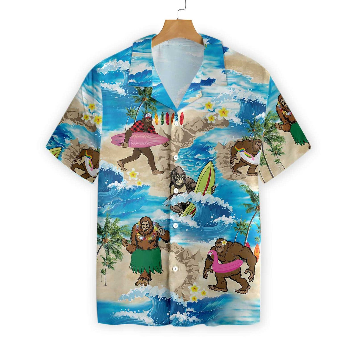Bigfoots Are On Summer Vacation Bigfoot Hawaiian Shirt Tropical Aloha Wave Surfing Bigfoot Shirt For Men