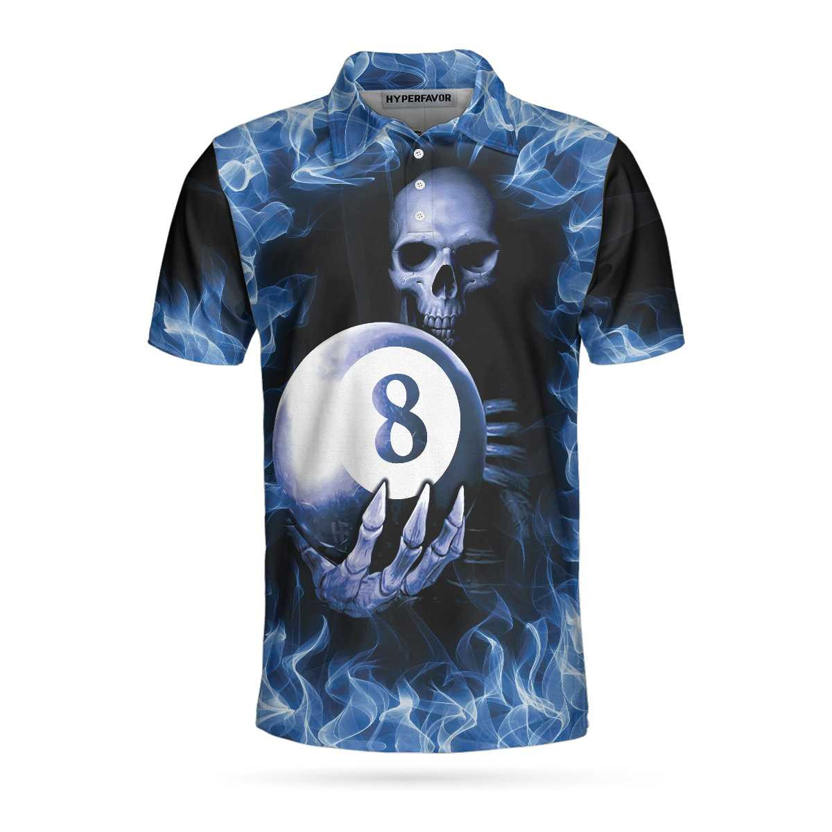 Billiards Murder Polo Shirt Blue Flame Billiards Shirt Design Skull Eight Ball Billiards Shirt For Men