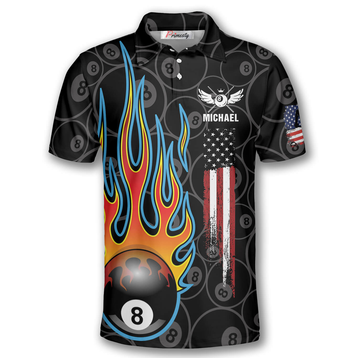 Billiards Pool Flame 8 Ball USA Flag Custom Polo Billiard Shirts for Men