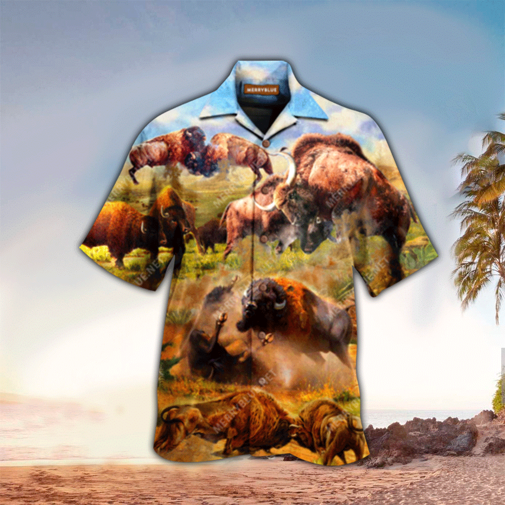 Bison In Wild Battle Unisex Hawaiian Shirt for Men and Women