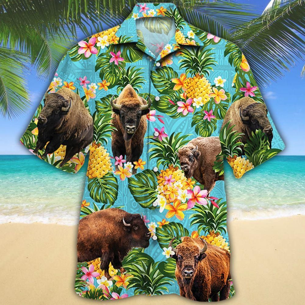 Bison Lovers Pineapple Aloha Hawaiian Shirt Colorful Short Sleeve Summer Beach Casual Shirt For Men And Women