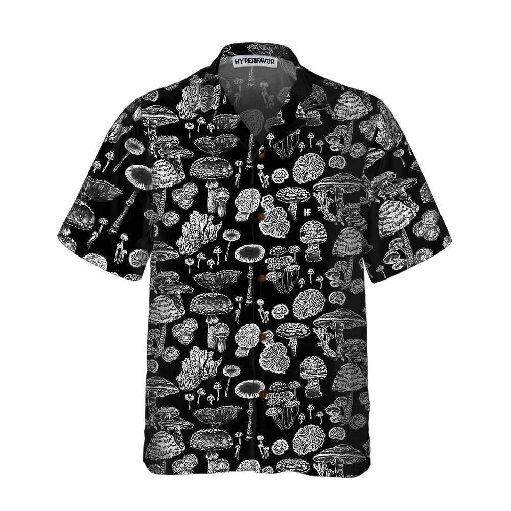 Black And White Mushroom Hawaiian Shirt Casual Mushroom Shirt For Men  Women Mushroom Print Shirt