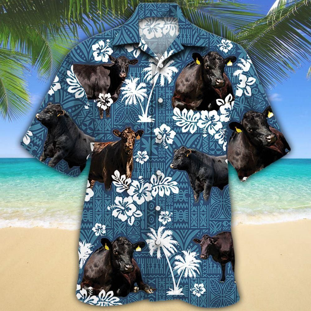 Black Angus Cattle Lovers Blue Tribal Aloha Hawaiian Shirt Colorful Short Sleeve Summer Beach Casual Shirt For Men And Women