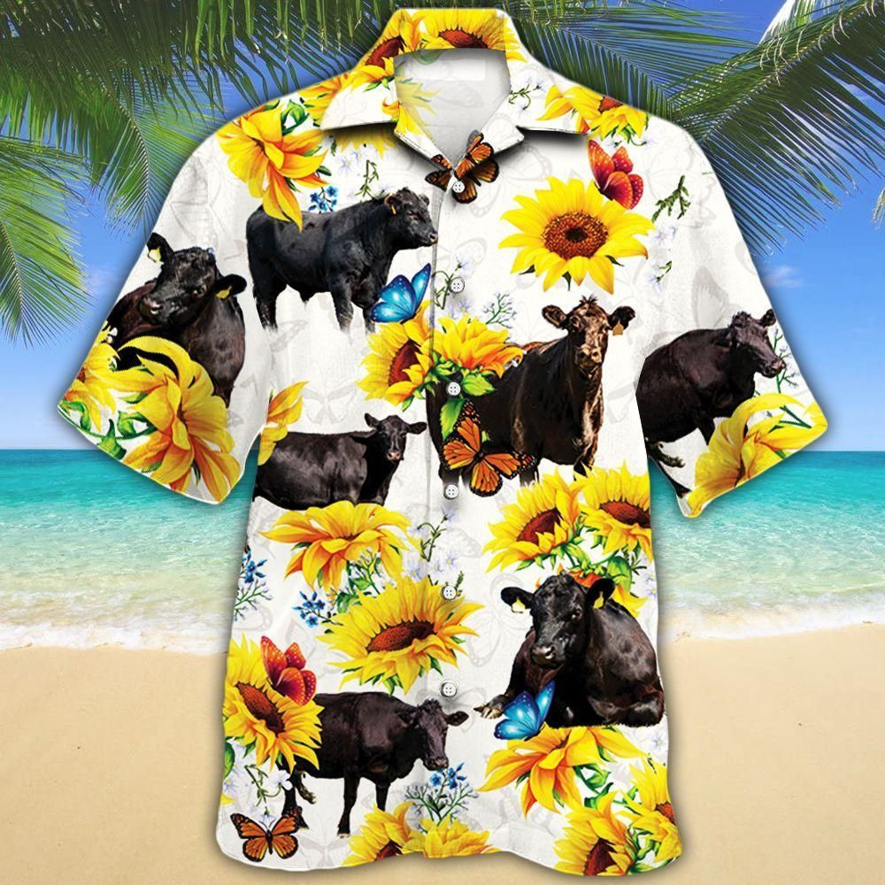 Black Angus Cattle Lovers Sun Flower Aloha Hawaiian Shirt Colorful Short Sleeve Summer Beach Casual Shirt For Men And Women
