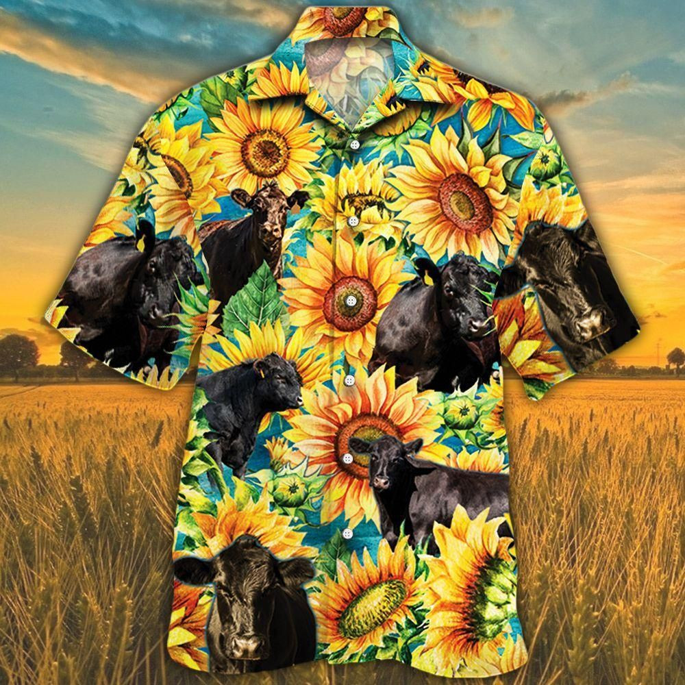 Black Angus Cattle Lovers Sunflower Watercolor Aloha Hawaiian Shirt Colorful Short Sleeve Summer Beach Casual Shirt For Men And Women