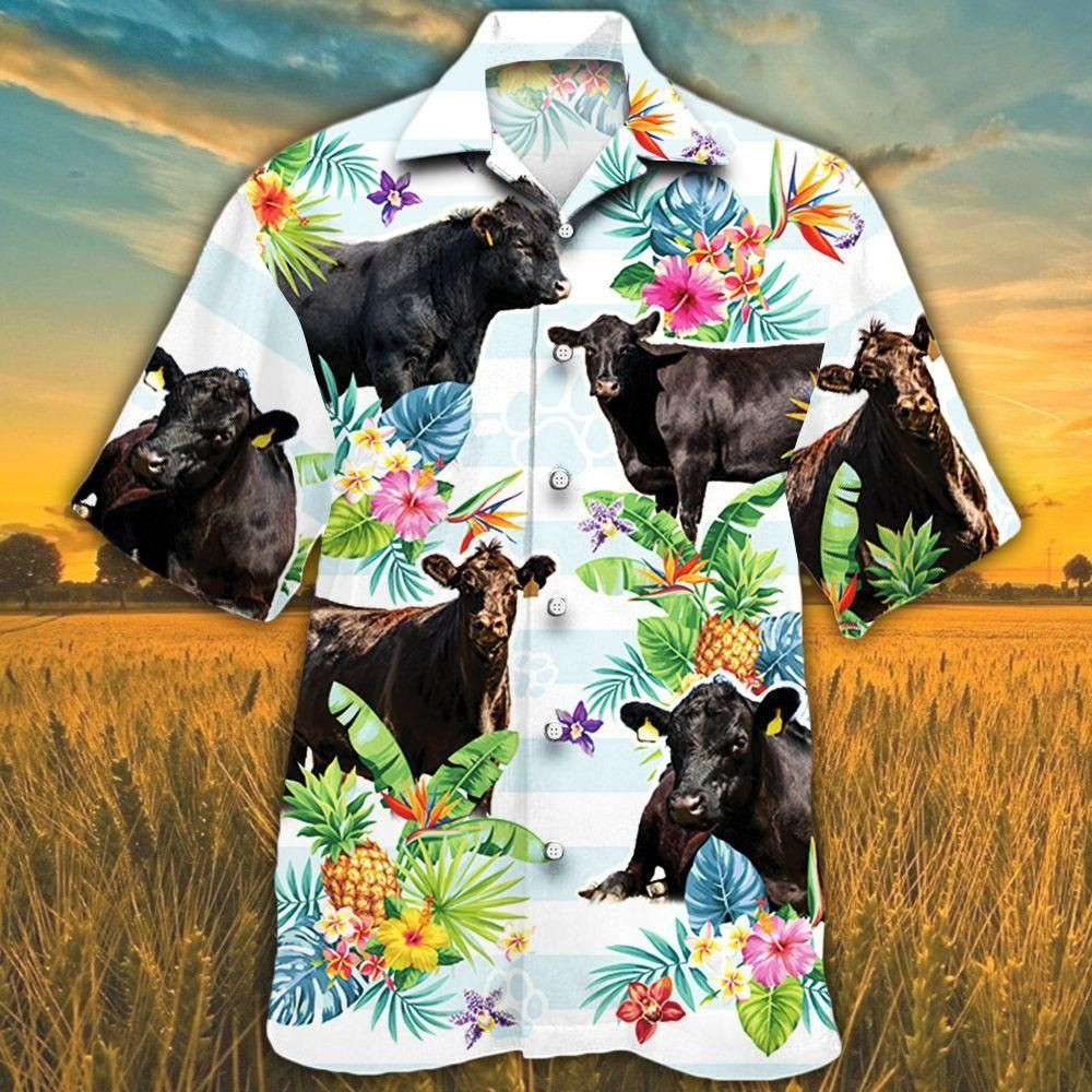 Black Angus Cattle Lovers Tropical Flower Aloha Hawaiian Shirt Colorful Short Sleeve Summer Beach Casual Shirt For Men And Women