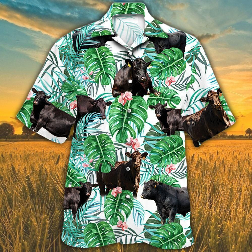 Black Angus Cattle Lovers Tropical Plant Aloha Hawaiian Shirt Colorful Short Sleeve Summer Beach Casual Shirt For Men And Women