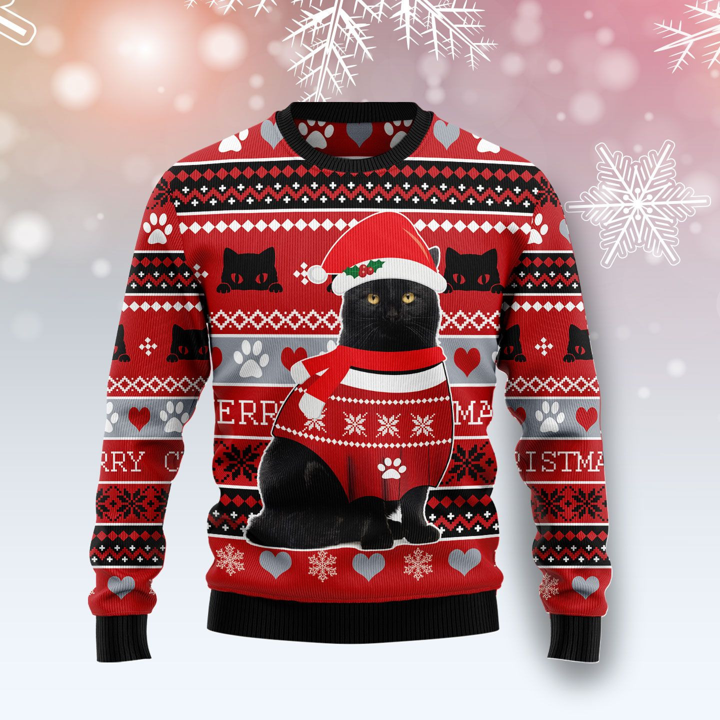 Black Cat Christmas Pattern Ugly Christmas Sweater Ugly Sweater For Men Women, Holiday Sweater