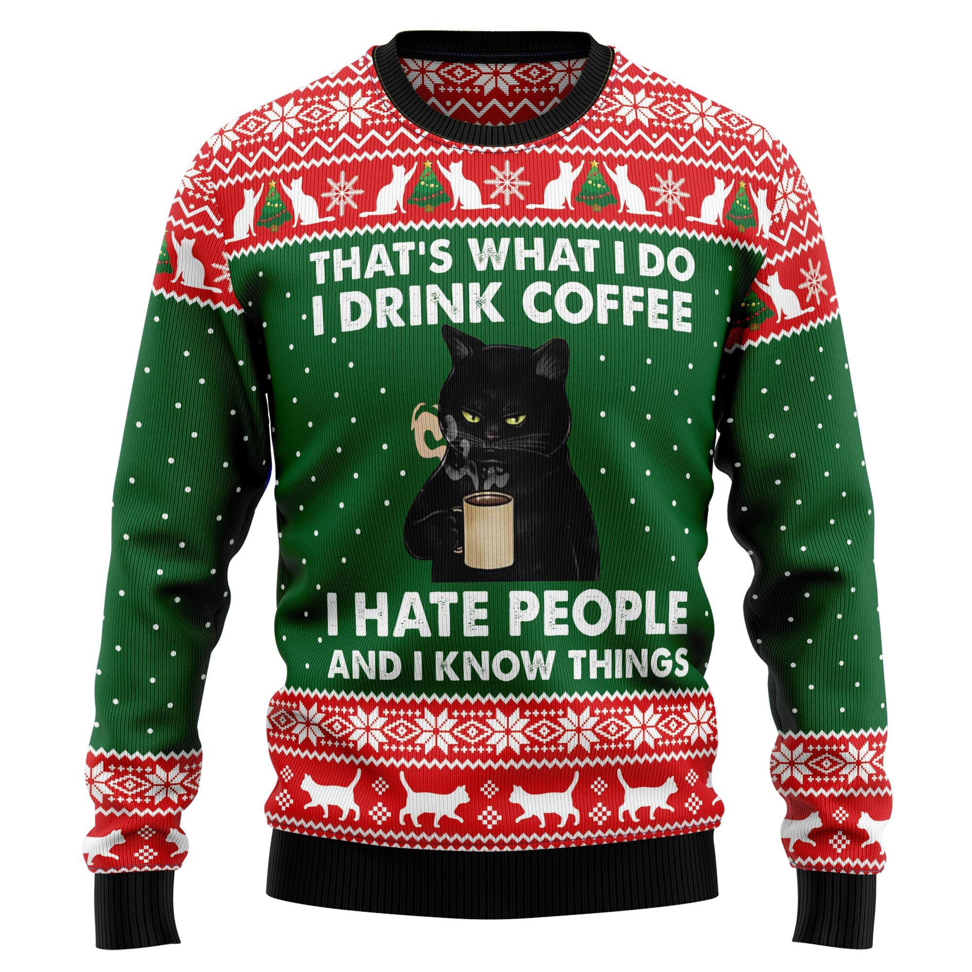 Black Cat Drink Coffee Ugly Christmas Sweater