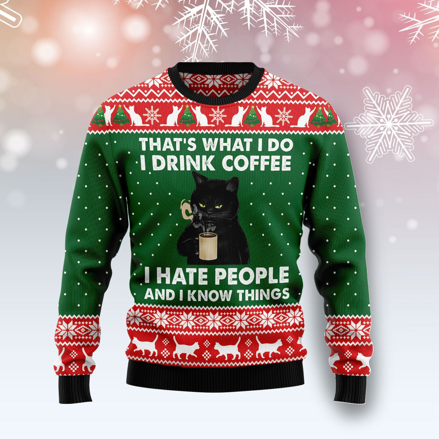 Black Cat Drink Coffee Ugly Christmas Sweater