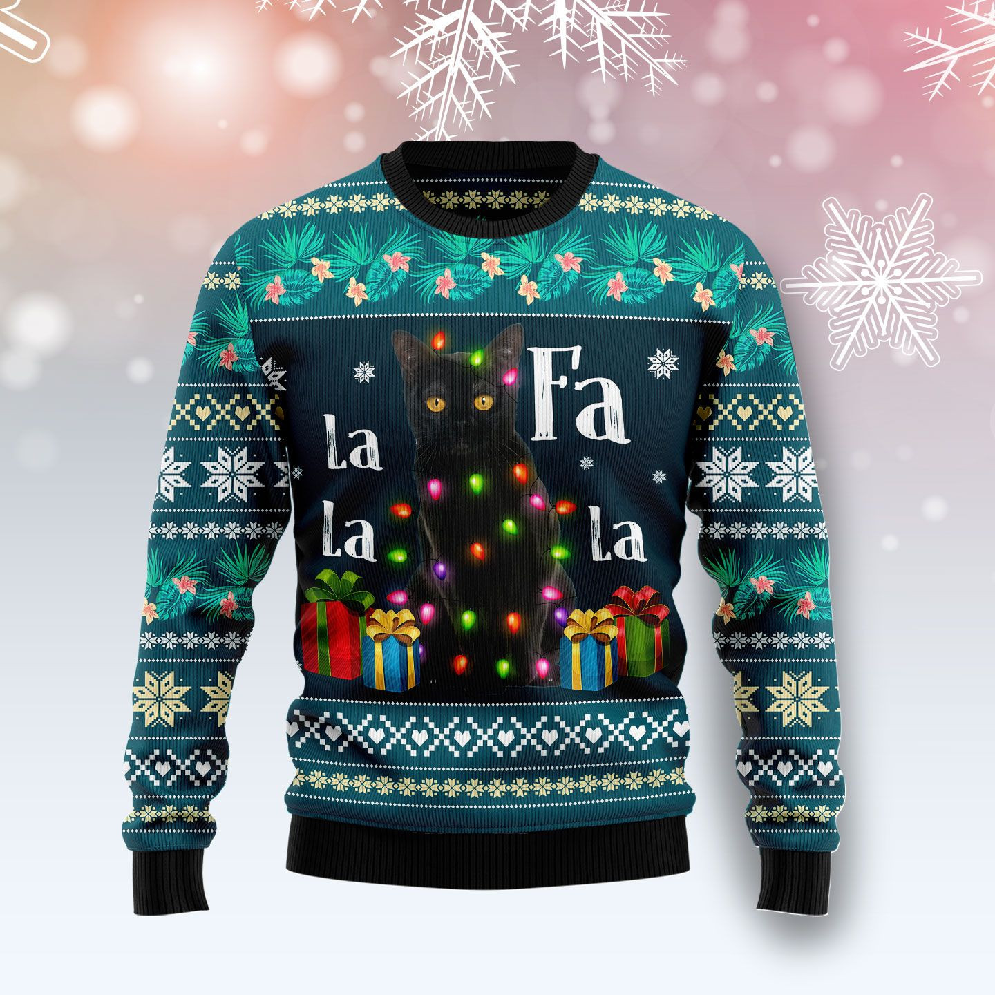 Black Cat Falalala Ugly Christmas Sweater Ugly Sweater For Men Women