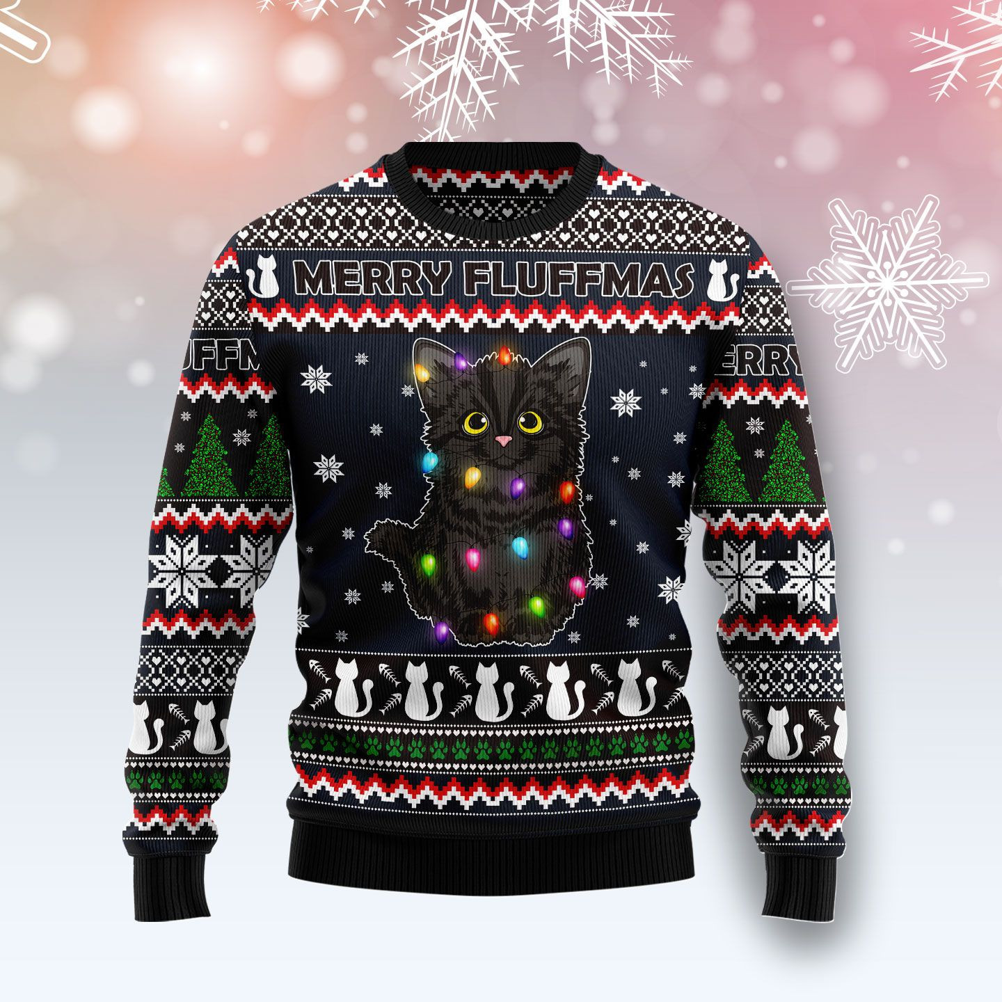 Black Cat Fluffmas Ugly Christmas Sweater Ugly Sweater For Men Women