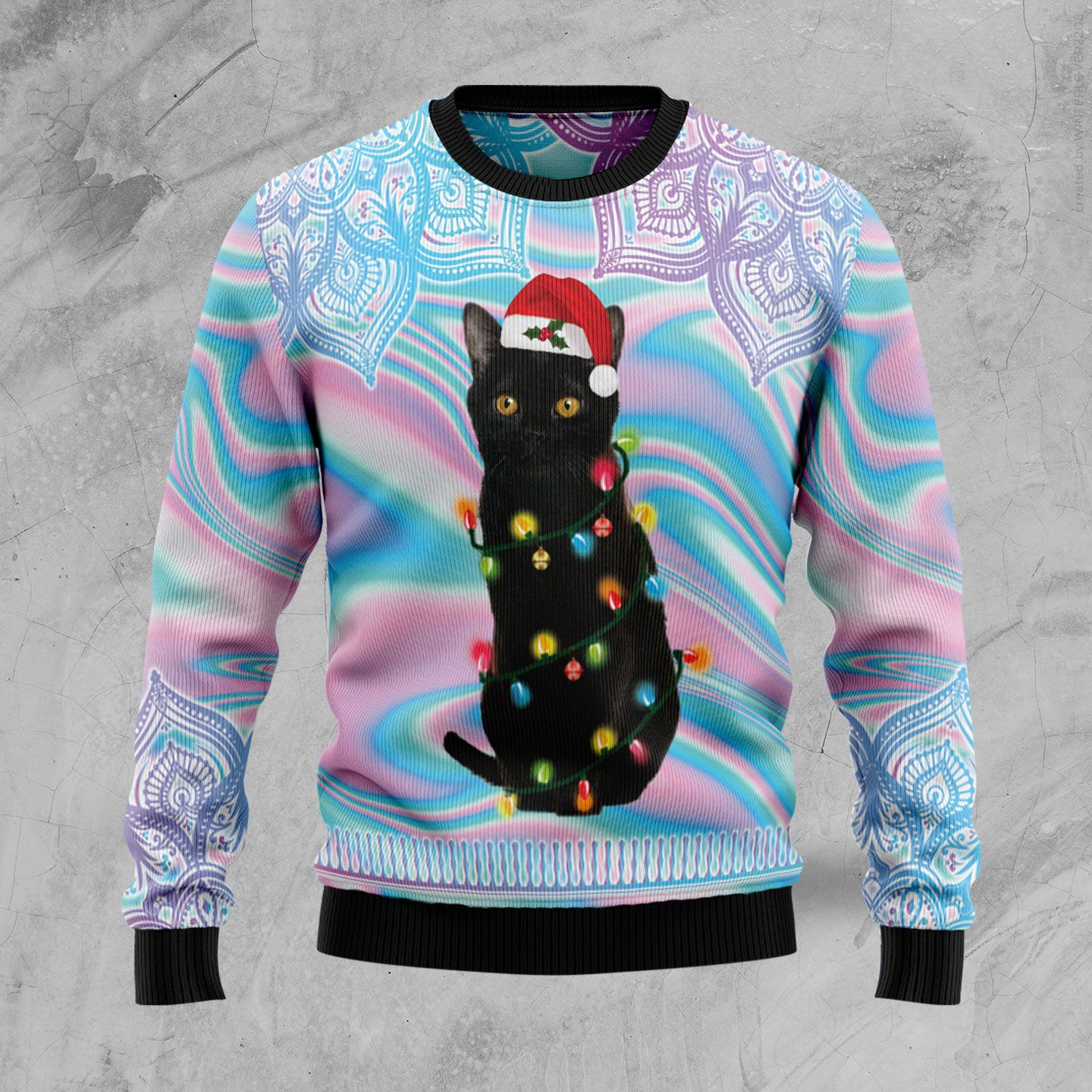 Black Cat Hologram Pattern Ugly Christmas Sweater