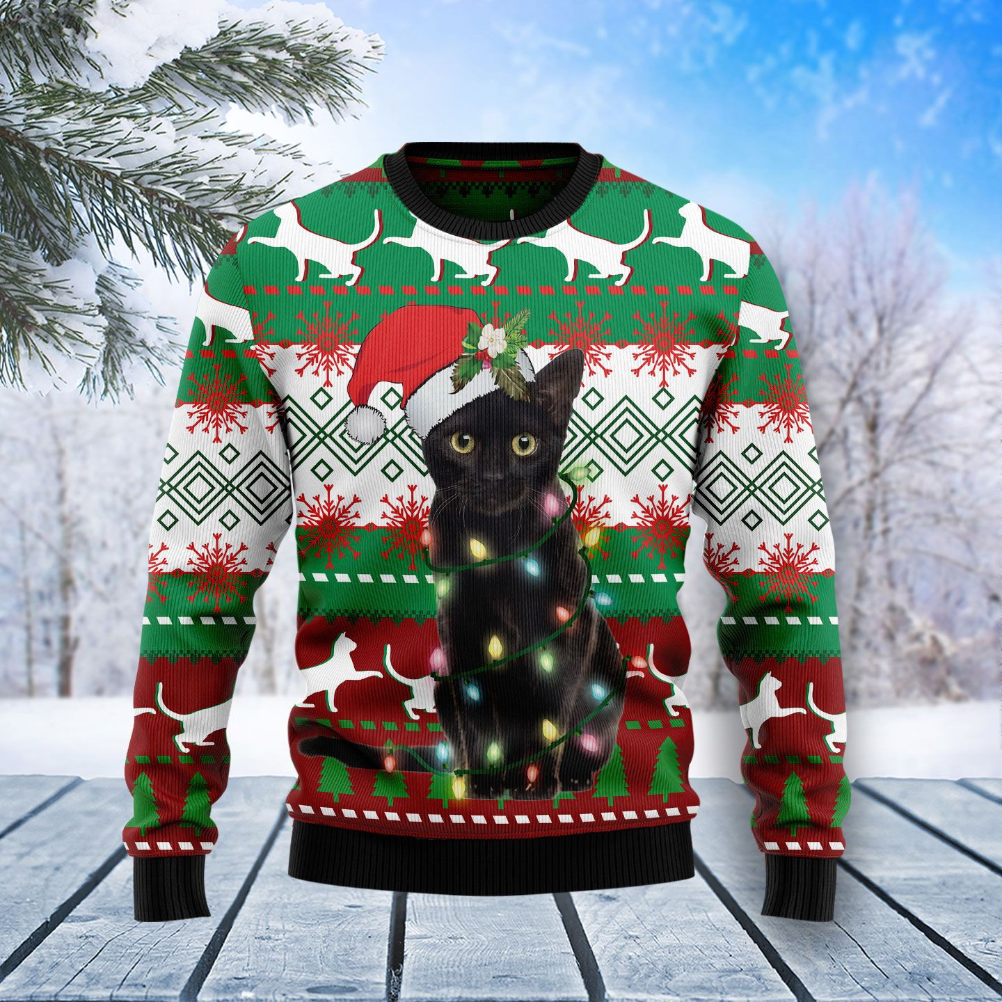 Black Cat Light Christmas Ugly Christmas Sweater Ugly Sweater For Men Women